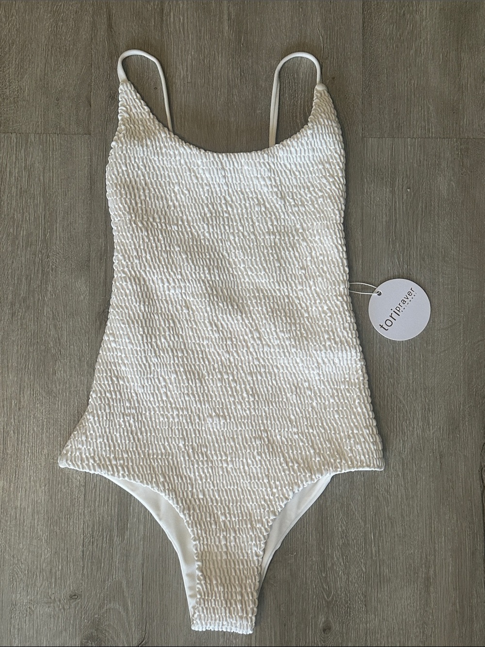 NWT Tori Praver Swimwear Honolua Smocked Front  One Piece White Swimsuit Size M